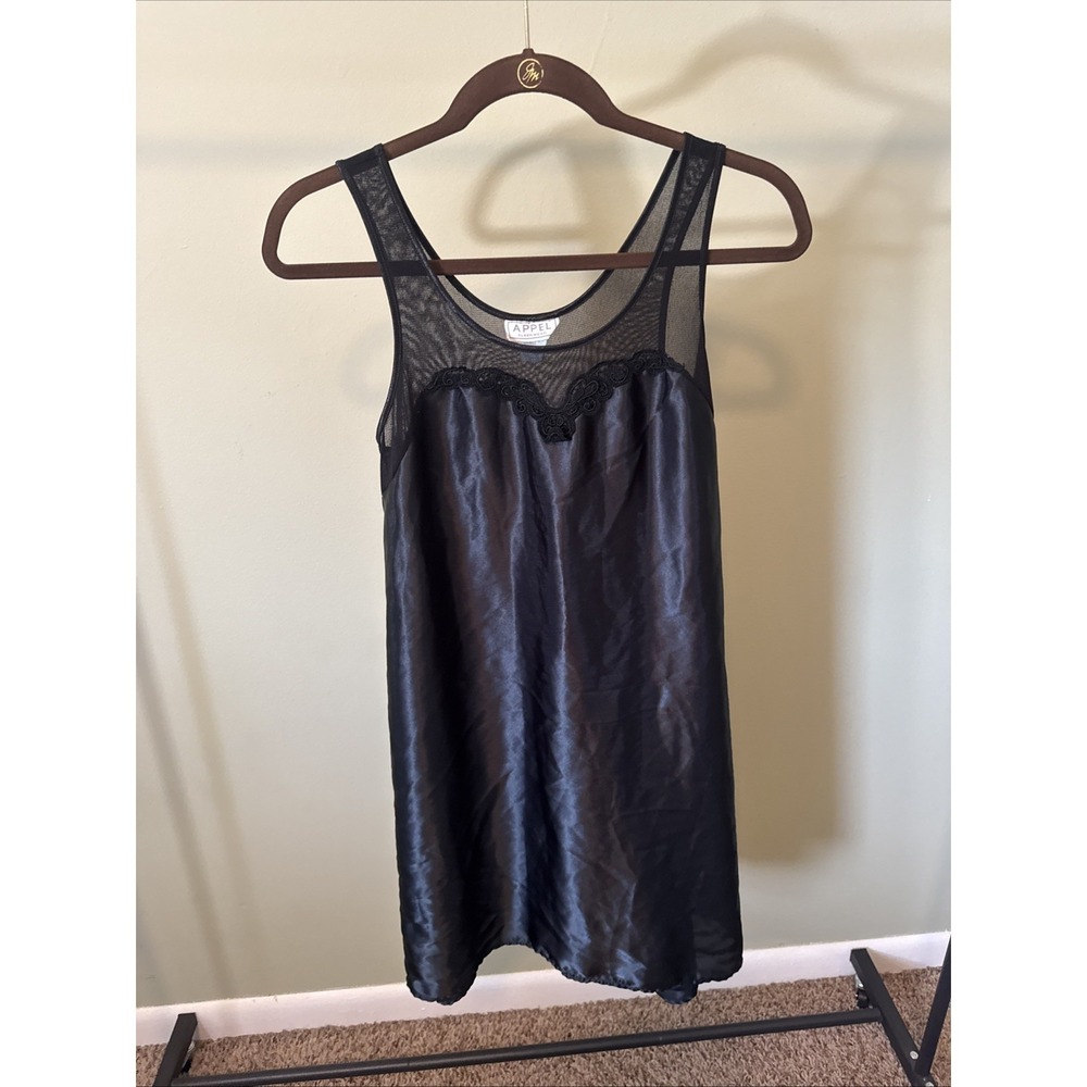 Vintage Y2K Black Satin Chemise Nightgown Sheer Mesh Lace Goth Coquette Slip Med